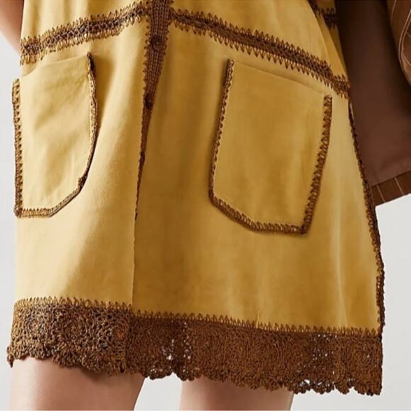Free People Adeline Goat Suede Crochet Retro Boho Mini Dress Tan/Brown Size M - Picture 4 of 14